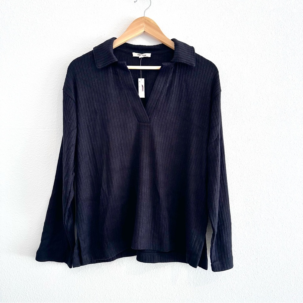 Madewell Polo Tee Womens Small Black Long Sleeve Rib‎ Knit Relaxed